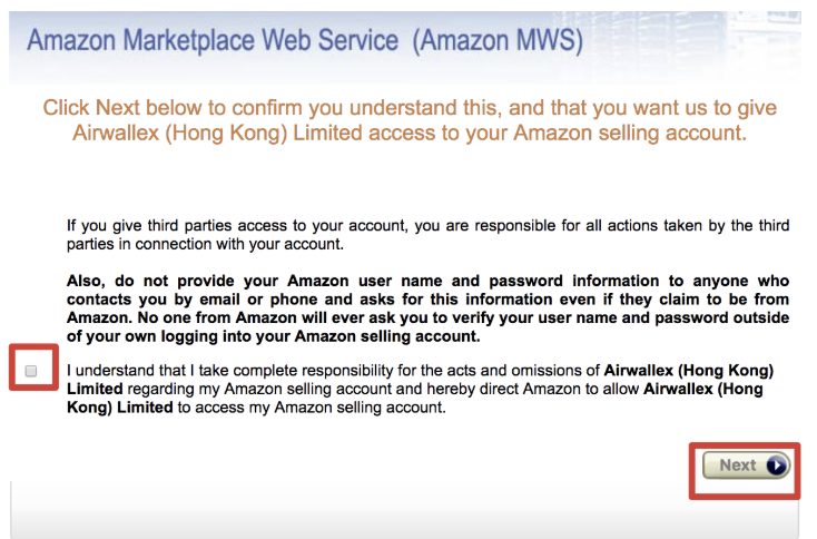 Tick the checkbox and then the next button - How To Find My Amazon Seller ID, Merchant ID, and Merchant Token?