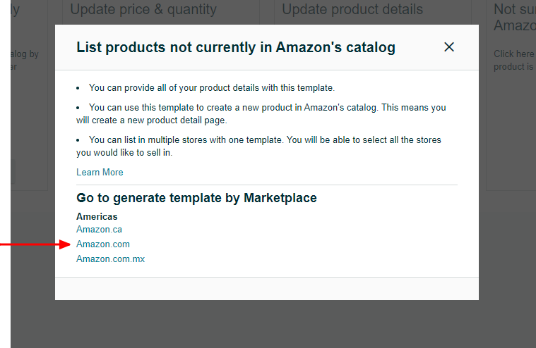 1.3. Under Download Spreadsheet, click Get Product Template on List products not currently in Amazon’s catalog. Then