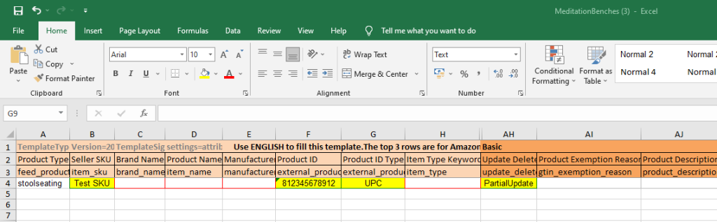 2.3. Fill in only the columns you want to update. Required columns are typically “sku,” “product-id (UPC),”